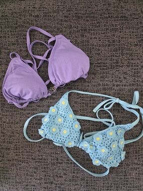 Lavender & Sky Blue Crochet Bikini Tops Triangle Bikini Tops Set Of 2 Size Small